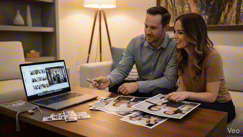 Clients reviewing event photos and digital media for a beÜtiful Pixels Raw Media Add-On with long-term file access