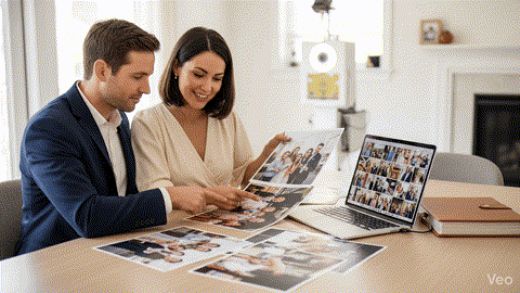 Couple reviewing original photo booth files and prints for personal use and enlargements