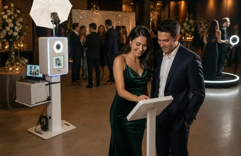 Guests using a Share Station while a beÜtiful Pixels photo booth and 360 booth continue running smoothly at an event.