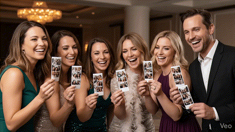 Group of guests smiling and holding matching photo booth print strips at an elegant celebration, showcasing the Unlimited Prints add-on from beÜtiful Pixels.