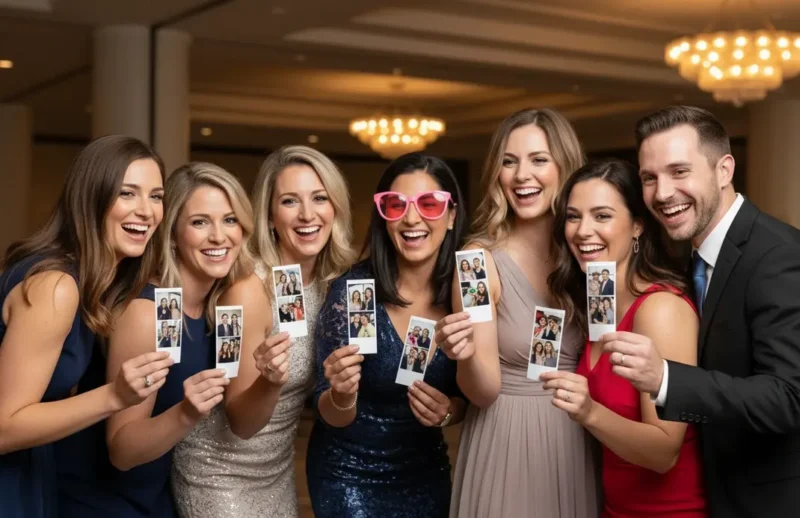 Group of guests holding matching photo booth prints at an elegant event, showing the fun of unlimited prints from beÜtiful Pixels.