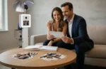 Couple sitting together reviewing extra printed copies of favorite photo booth images in a calm post-event setting with a beÜtiful Pixels booth nearby.