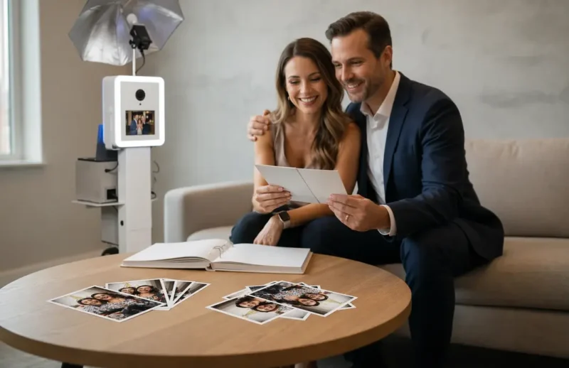 Couple sitting together reviewing extra printed copies of favorite photo booth images in a calm post-event setting with a beÜtiful Pixels booth nearby.