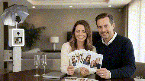 Smiling couple organizing photo booth reprints and reviewing an album on a sofa in a warm, relaxed home setting.
