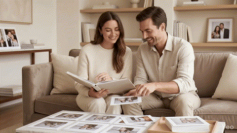 Smiling couple organizing photo booth reprints and reviewing an album on a sofa in a warm, relaxed home setting.