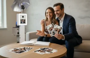 Smiling couple seated on a sofa reviewing multiple reprints of their favorite event photo, with a photo booth setup visible in the background.