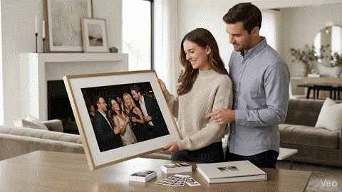 Smiling couple reviewing a framed large-format event print in a bright home, highlighting a premium enlargement option for favorite photo booth memories.