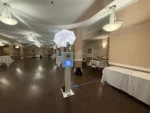 Front-facing digital photo booth inside a ballroom-style venue with draped ceiling lighting.