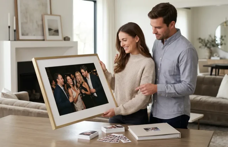 Couple at home holding a large framed event photo enlargement, showing a premium post-event print keepsake for displaying and sharing favorite memories.