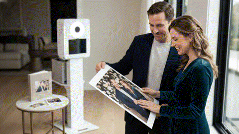Smiling couple holding a large event photo print enlargement beside a beÜtiful Pixels photo booth, showcasing a premium keepsake display option.