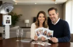 Couple reviewing photo booth reprints and a keepsake album in a calm home setting after an event.