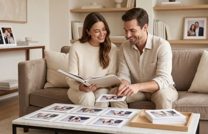 Couple reviewing photo booth reprints and a keepsake album in a calm home setting after an event.