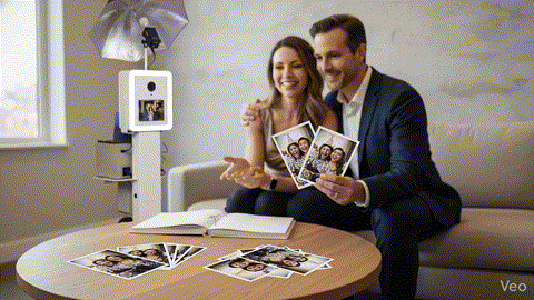 Couple sitting together in a modern home reviewing multiple reprints of their favorite photo booth image, with a beÜtiful Pixels booth in the background.