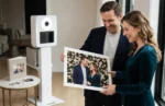 Couple admiring a large printed event photo enlargement in a warm home setting with a photo booth in the background.
