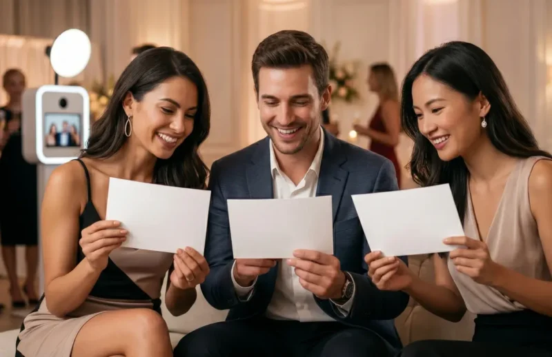 Three guests smiling while holding matching photo booth prints from the same session at an elegant event, with a beÜtiful Pixels booth in the background.