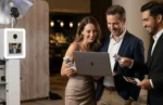 Three guests reviewing matching photo booth prints and digital images at an elegant event, with a beÜtiful Pixels booth in the background.