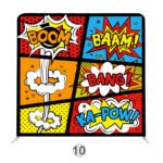 Colorful comic-book photo booth backdrop with bold pop art panels, explosion graphics, and playful superhero-style design.