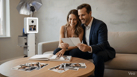 Smiling couple holding extra printed event photos on a sofa with duplicate reprints laid out on a table in a warm home setting.