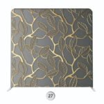 Elegant gray photo booth backdrop with gold leaf branch design and modern botanical pattern.