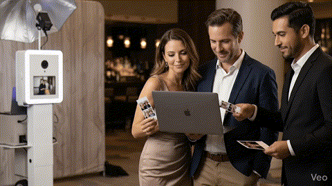 Guests at an event holding matching photo booth prints while reviewing images together, representing the Unlimited Prints option from beÜtiful Pixels.