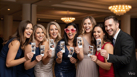 Smiling guests at a celebration holding duplicate photo booth prints, representing the Unlimited Prints add-on from beÜtiful Pixels.