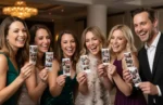 Smiling guests at a formal event holding matching photo strip prints from the same booth session, highlighting Unlimited Prints by beÜtiful Pixels.
