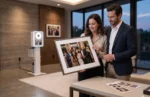 Couple holding a large framed event photo enlargement with a beÜtiful Pixels photo booth in the background.