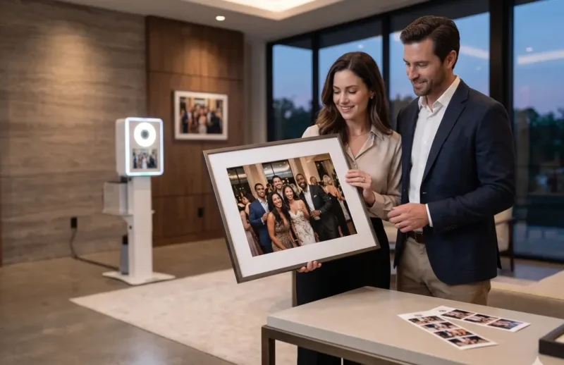 Couple holding a large framed event photo enlargement with a beÜtiful Pixels photo booth in the background.