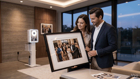 Couple holding a large framed event photo enlargement with a beÜtiful Pixels photo booth in the background.