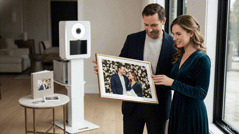 Smiling couple holding a premium enlarged event photo print, representing a post-event keepsake order from beÜtiful Pixels.