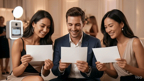 Guests at a celebration holding duplicate photo booth prints from the same session, representing the Unlimited Prints upgrade from beÜtiful Pixels.