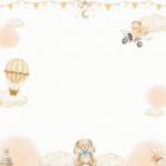Neutral baby shower 8x8 photo booth backdrop with teddy bear, hot air balloon, and clouds