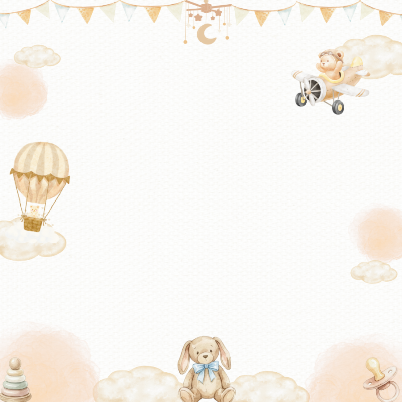 Neutral baby shower 8x8 photo booth backdrop with teddy bear, hot air balloon, and clouds