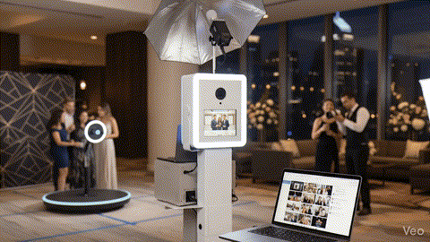 Photo booth and 360 booth setup at an event showing Raw Media Add-On support across multiple beÜtiful Pixels experiences.