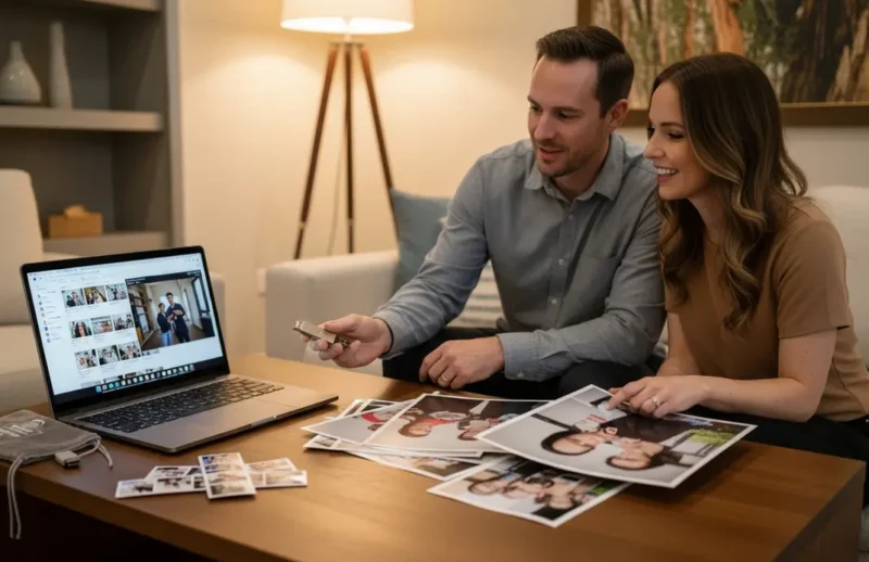 Clients reviewing event photos and digital media for a beÜtiful Pixels Raw Media Add-On with long-term file access