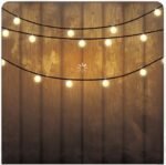 Rustic wood 10x10 photo booth backdrop with warm hanging string lights for cozy event styling.