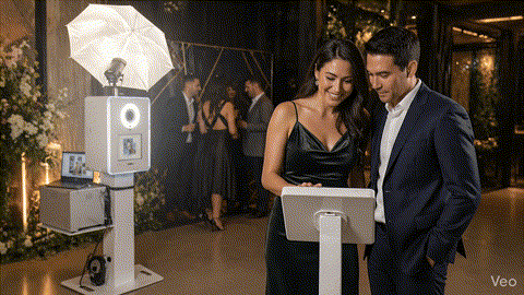 Guests using a Share Station touchscreen while the main photo booth remains available for the next group at an event.