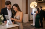 Guests using a Share Station touchscreen to view and send photo booth media while the main booth continues serving the next group at an event.