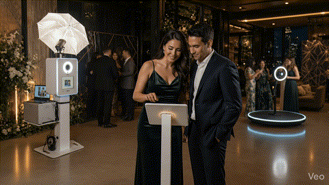 Guests using a Share Station while a beÜtiful Pixels photo booth and 360 booth continue running smoothly at an event.