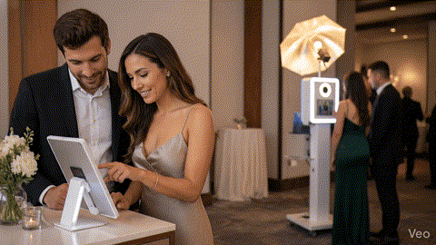 Wedding guests using a Share Station to access and send photo booth images while the main booth continues operating smoothly.