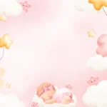 Pink baby shower photo booth backdrop with sleeping baby illustration, clouds, stars, and soft pastel dream theme.