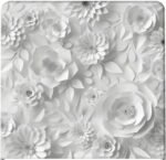 White floral photo booth backdrop with layered paper-style flowers in a monochrome design for elegant weddings, baby showers, and upscale celebrations.