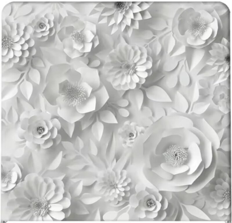 White floral photo booth backdrop with layered paper-style flowers in a monochrome design for elegant weddings, baby showers, and upscale celebrations.