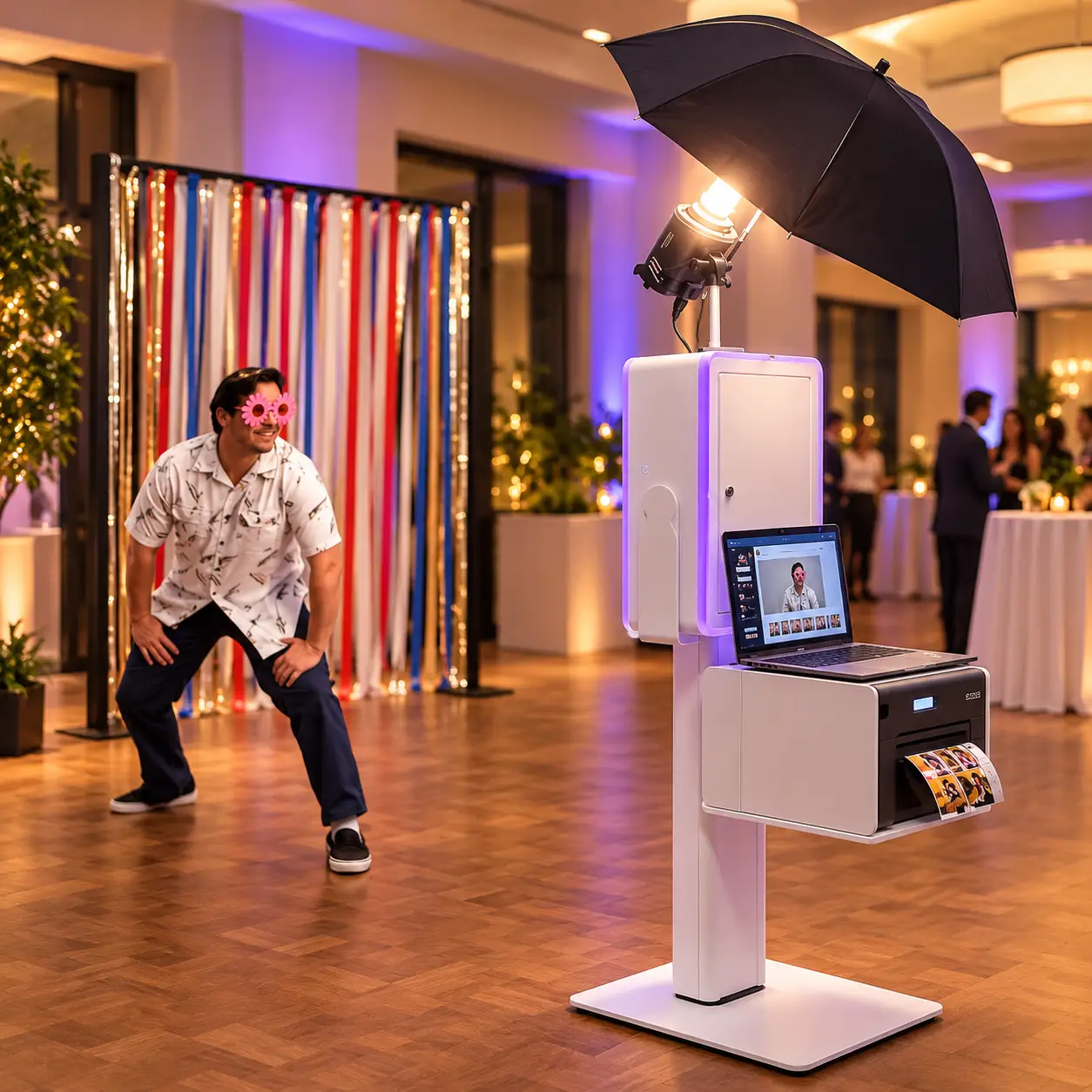 A guest posing beside the beÜtiful Pixels photo booth